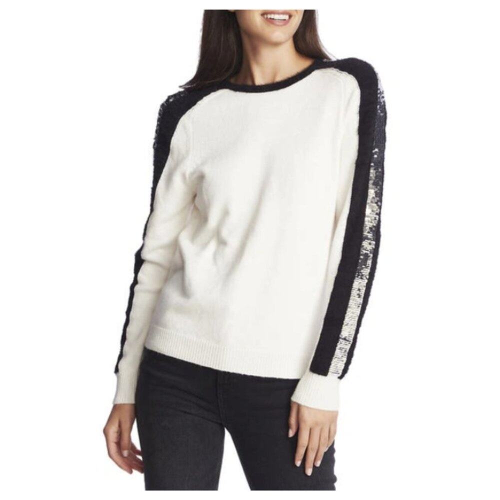 1.STATE Sequin Sleeve Stripe Cotton Blend Crewneck Sweater Cream Size L